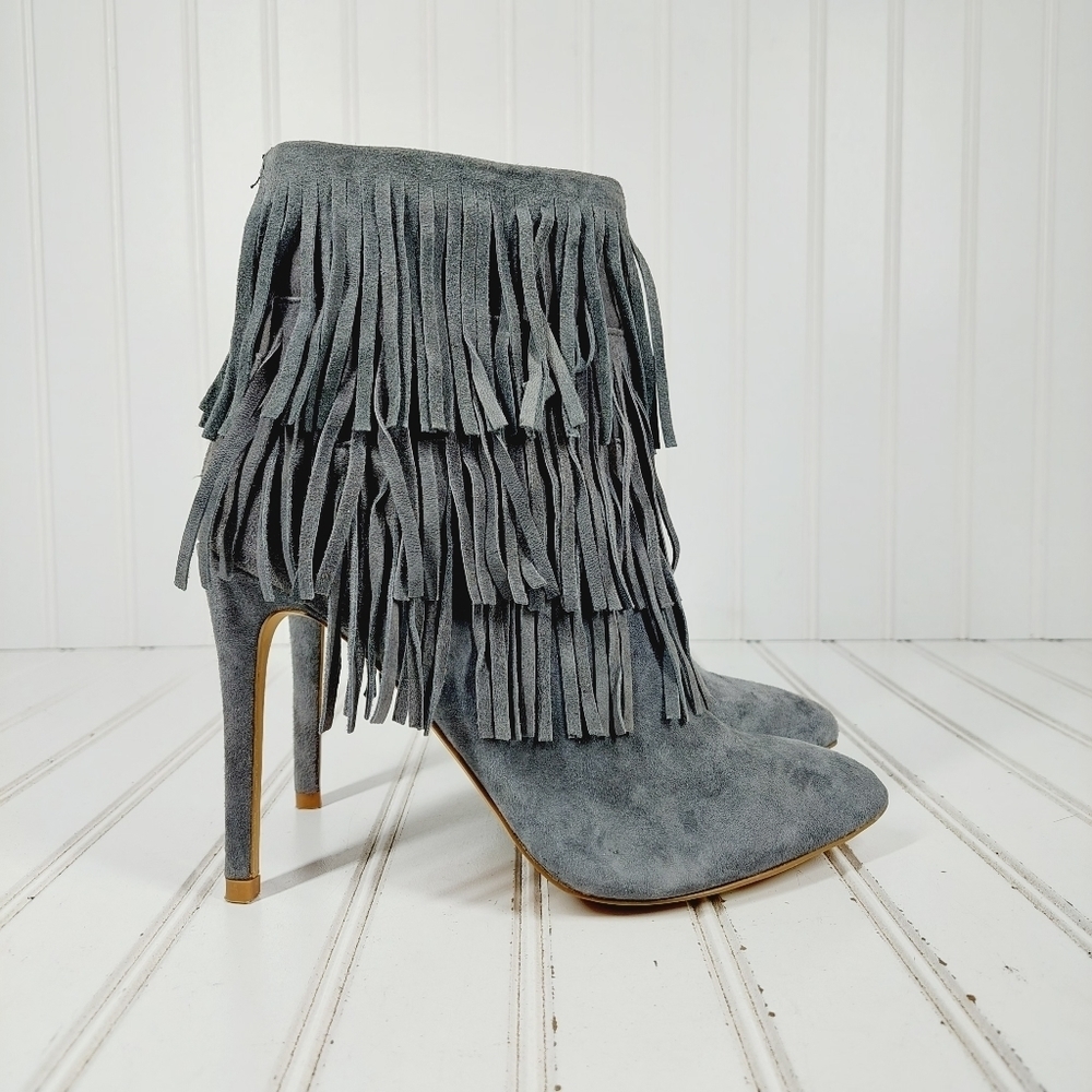 Steve Madden Flapper Gray Fringe Suede High Heeled Ankle Boots A999 - Picture 5 of 11